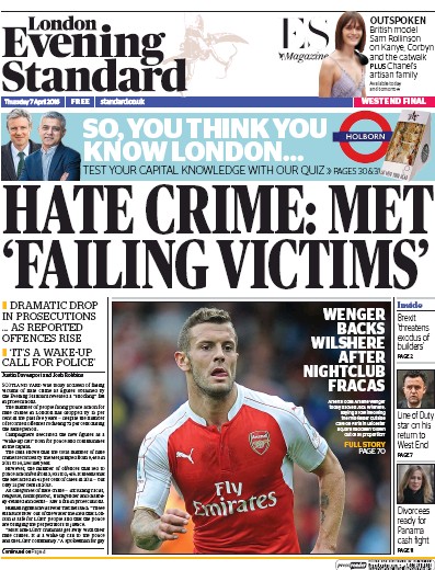London Evening Standard Newspaper Front Page for 8 April 2016