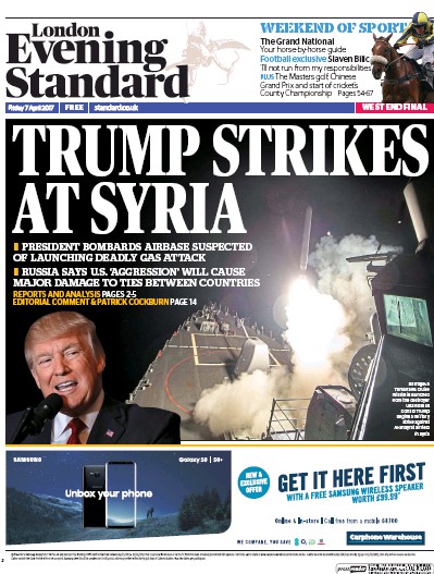 London Evening Standard (UK) Newspaper Front Page for 8 April 2017