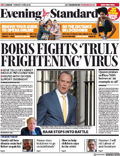 London Evening Standard Newspaper Front Page for 8 April 2020