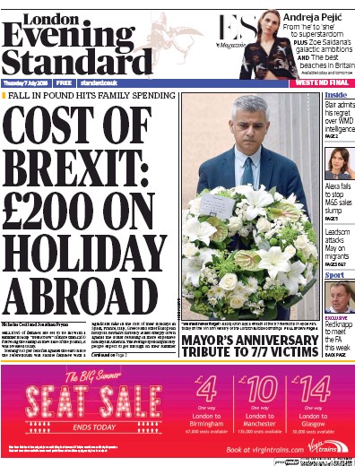 London Evening Standard Newspaper Front Page for 8 July 2016