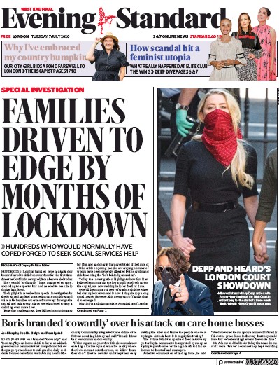 London Evening Standard Newspaper Front Page for 8 July 2020