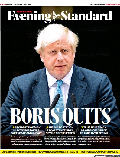 London Evening Standard Newspaper Front Page for 8 July 2022