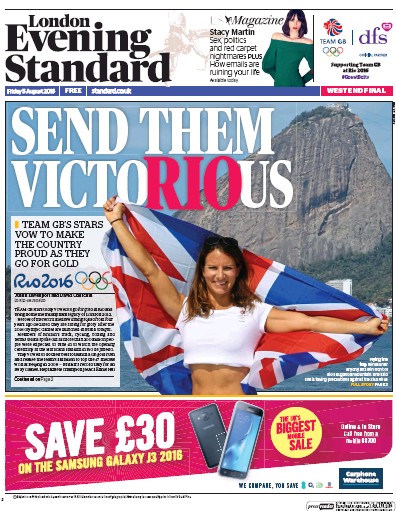 London Evening Standard (UK) Newspaper Front Page for 8 August 2016