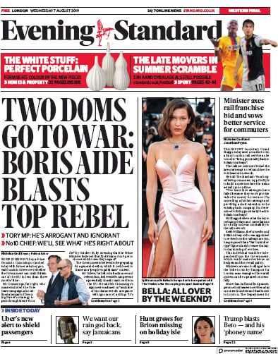 London Evening Standard Newspaper Front Page for 8 August 2019
