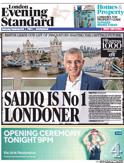 London Evening Standard Newspaper Front Page for 8 September 2016