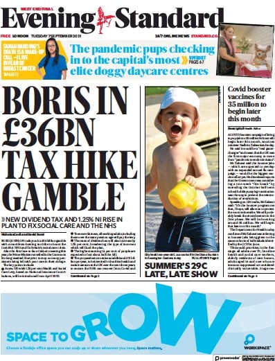 London Evening Standard (UK) Newspaper Front Page for 8 September 2021