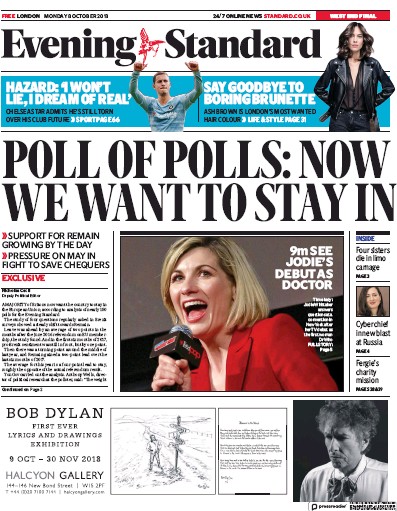 London Evening Standard Newspaper Front Page for 9 October 2018