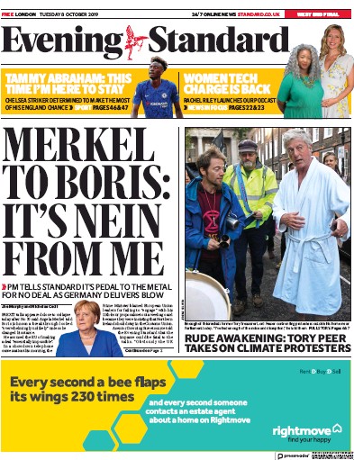 London Evening Standard Newspaper Front Page for 9 October 2019