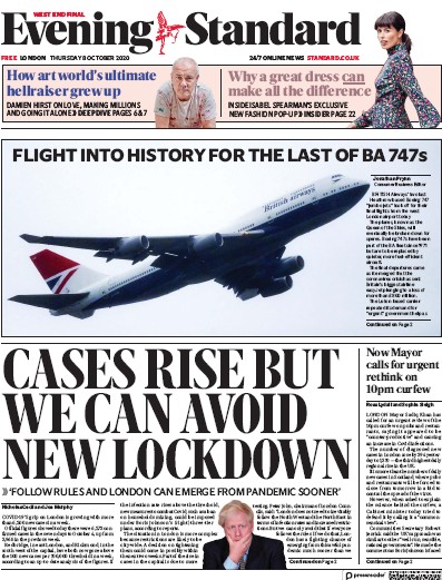 London Evening Standard Newspaper Front Page for 9 October 2020