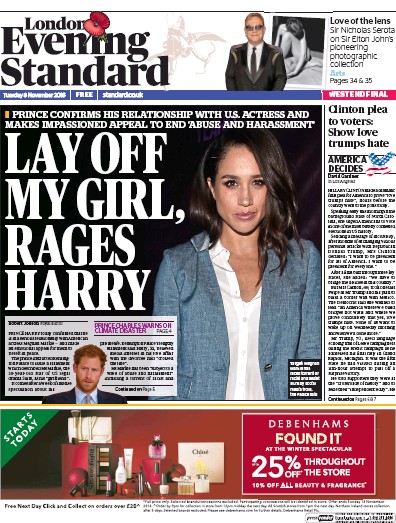 London Evening Standard (UK) Newspaper Front Page for 9 November 2016