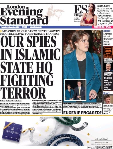 London Evening Standard Newspaper Front Page for 9 December 2016