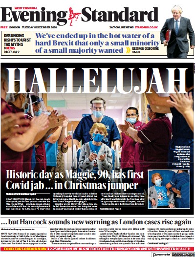 London Evening Standard (UK) Newspaper Front Page for 9 December 2020