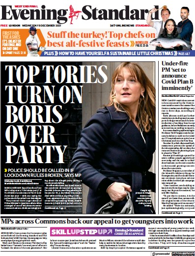 London Evening Standard (UK) Newspaper Front Page for 9 December 2021