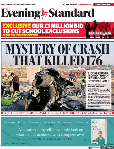 London Evening Standard Newspaper Front Page for 9 January 2020