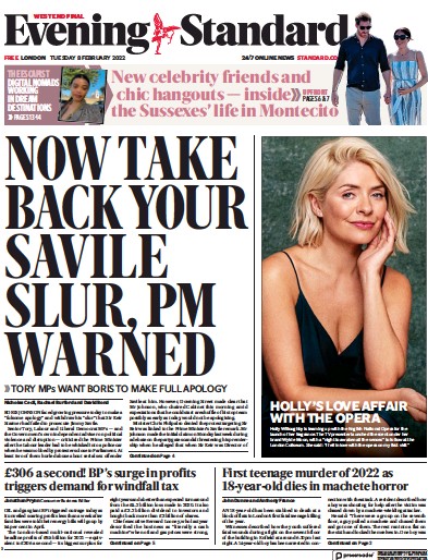 London Evening Standard Newspaper Front Page for 9 February 2022