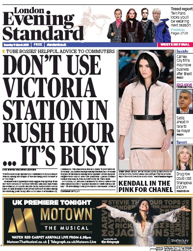London Evening Standard Newspaper Front Page for 9 March 2016
