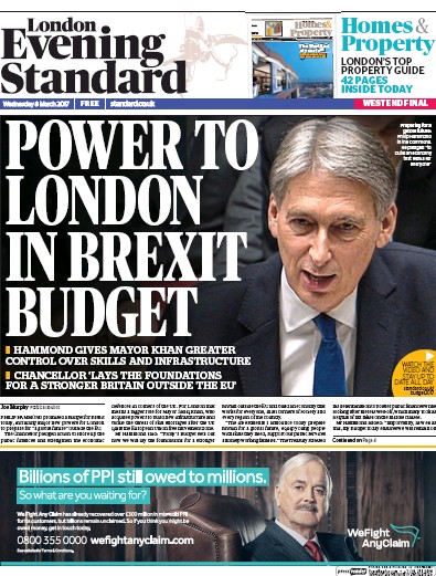 London Evening Standard Newspaper Front Page for 9 March 2017