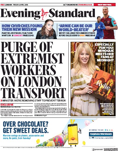 London Evening Standard Newspaper Front Page for 9 April 2018