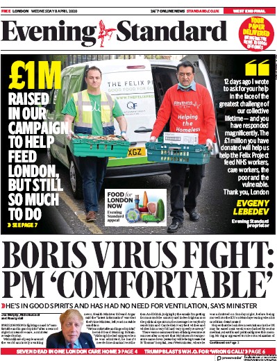 London Evening Standard (UK) Newspaper Front Page for 9 April 2020