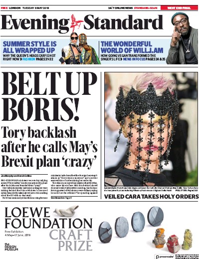 London Evening Standard Newspaper Front Page for 9 May 2018