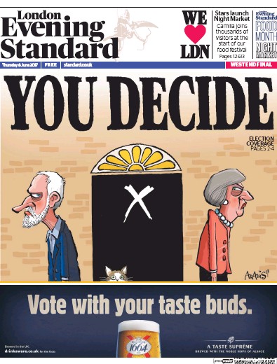 London Evening Standard Newspaper Front Page for 9 June 2017