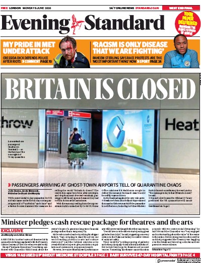 London Evening Standard Newspaper Front Page for 9 June 2020