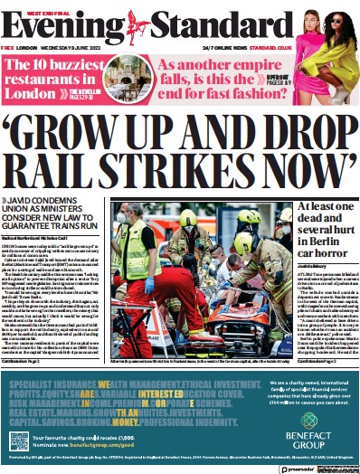 London Evening Standard (UK) Newspaper Front Page for 9 June 2022