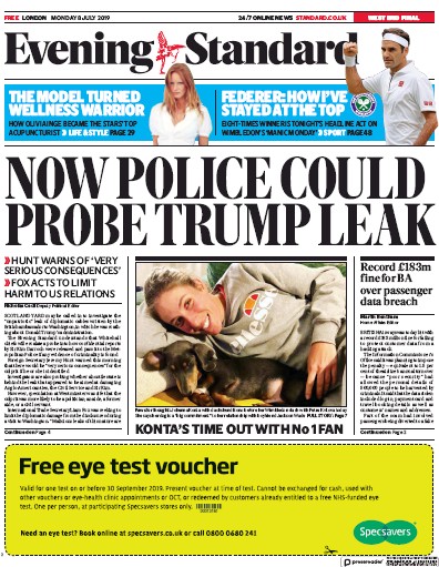 London Evening Standard (UK) Newspaper Front Page for 9 July 2019
