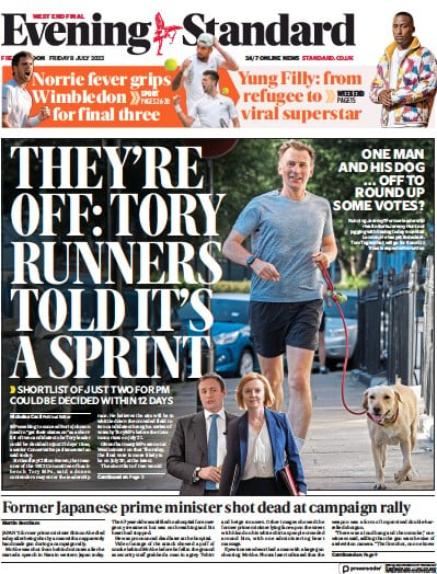London Evening Standard Newspaper Front Page for 9 July 2022