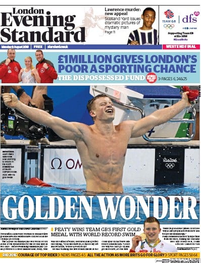 London Evening Standard (UK) Newspaper Front Page for 9 August 2016