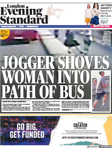 London Evening Standard Newspaper Front Page for 9 August 2017
