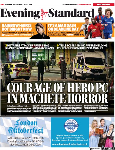 London Evening Standard Newspaper Front Page for 9 August 2019