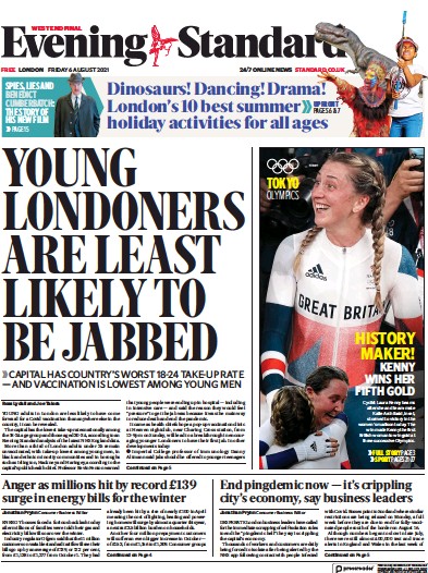 London Evening Standard (UK) Newspaper Front Page for 9 August 2021