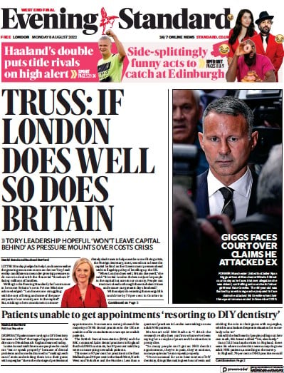 London Evening Standard (UK) Newspaper Front Page for 9 August 2022