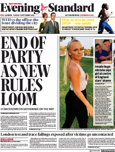 London Evening Standard Newspaper Front Page for 9 September 2020