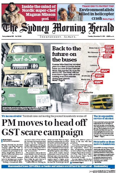 Sydney Morning Herald (Australia) Newspaper Front Page for 10 November 2015