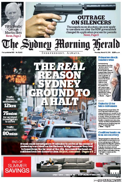 Sydney Morning Herald (Australia) Newspaper Front Page for 10 March 2016