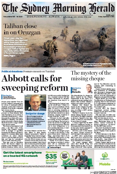 Sydney Morning Herald (Australia) Newspaper Front Page for 10 September 2016