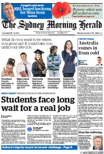 Sydney Morning Herald (Australia) Newspaper Front Page for 11 November 2015