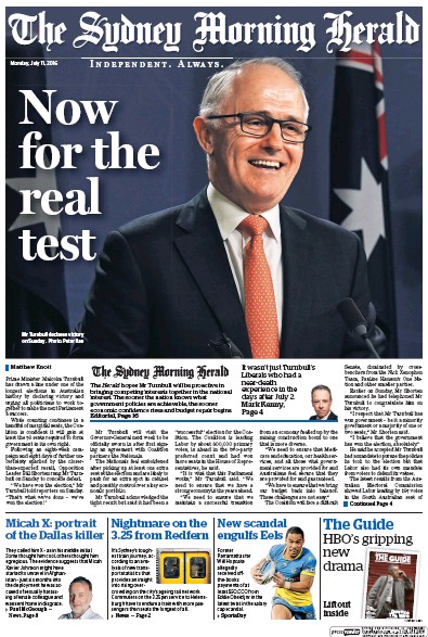 Sydney Morning Herald (Australia) Newspaper Front Page for 11 July 2016