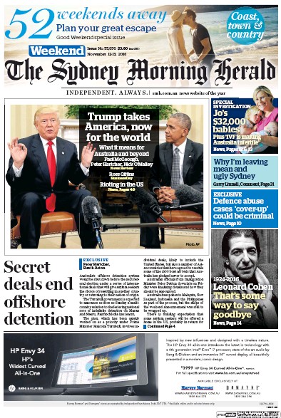 Sydney Morning Herald (Australia) Newspaper Front Page for 12 November 2016