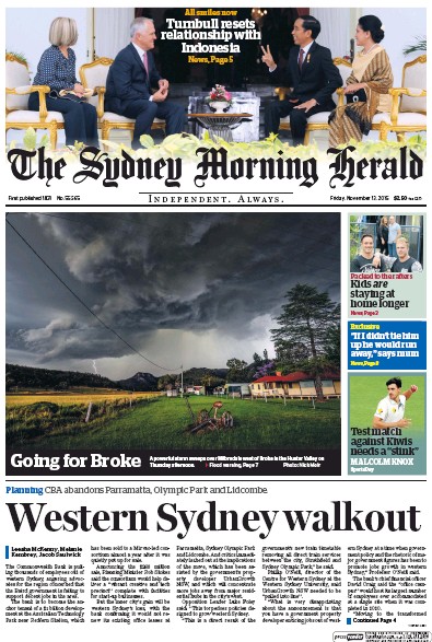 Sydney Morning Herald (Australia) Newspaper Front Page for 13 November 2015