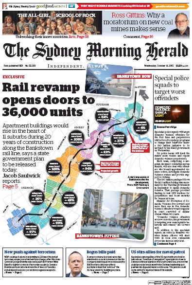 Sydney Morning Herald (Australia) Newspaper Front Page for 14 October 2015