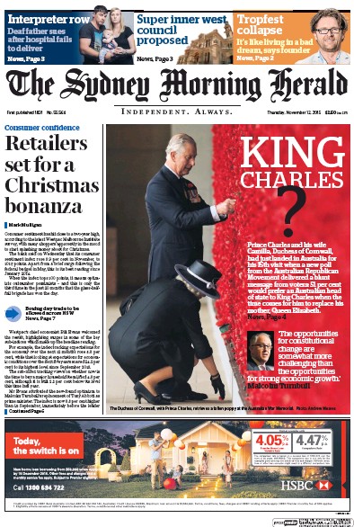 Sydney Morning Herald (Australia) Newspaper Front Page for 14 November 2015