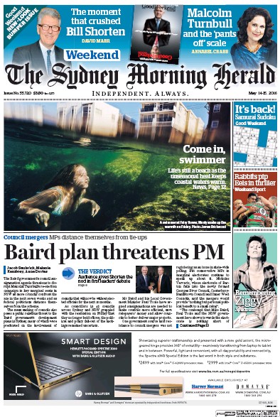 Sydney Morning Herald (Australia) Newspaper Front Page for 14 May 2016