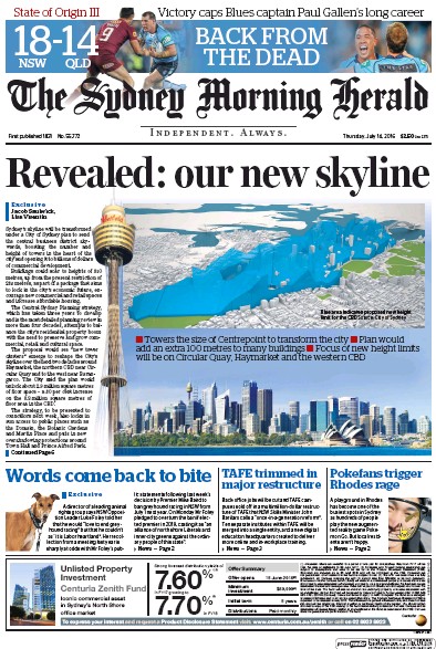 Sydney Morning Herald (Australia) Newspaper Front Page for 14 July 2016