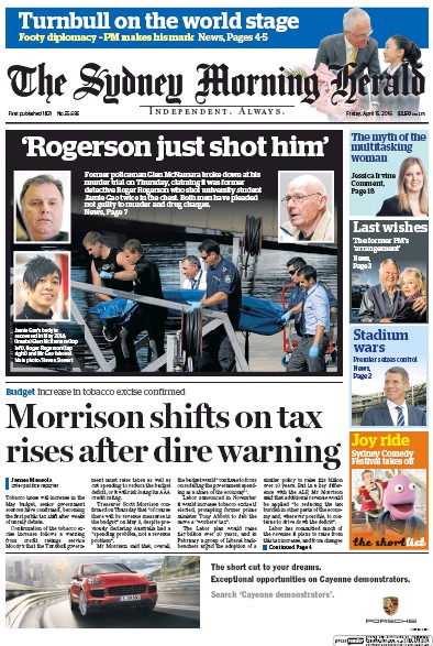 Sydney Morning Herald (Australia) Newspaper Front Page for 15 April 2016