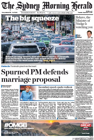 Sydney Morning Herald (Australia) Newspaper Front Page for 15 September 2016