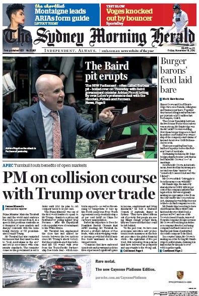 Sydney Morning Herald (Australia) Newspaper Front Page for 16 January 2017