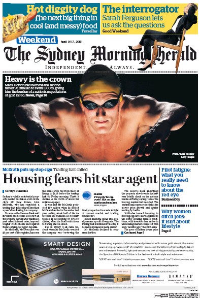 Sydney Morning Herald (Australia) Newspaper Front Page for 16 April 2016